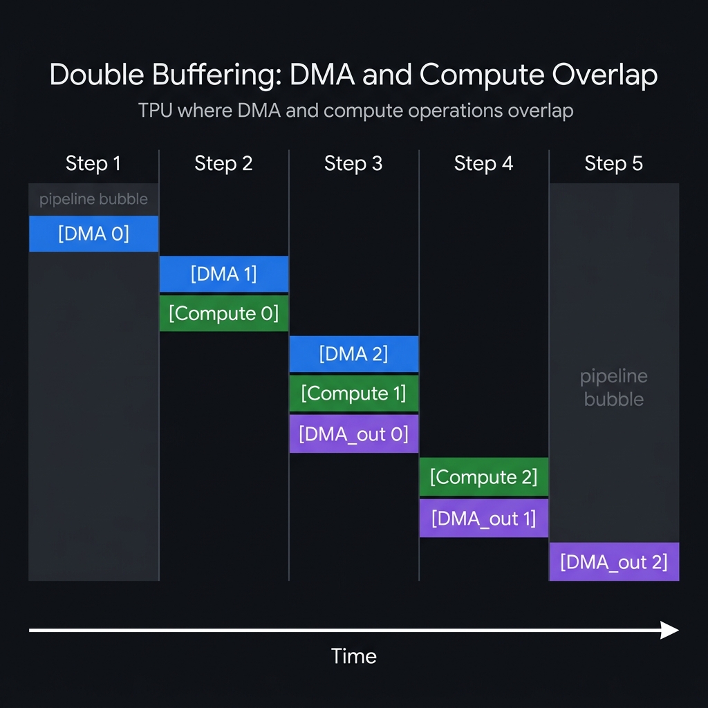 Double buffering: DMA and compute overlap