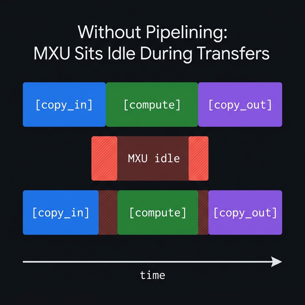 Without pipelining: MXU sits idle during transfers