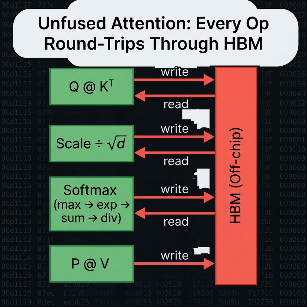 Unfused attention: every op round-trips through HBM